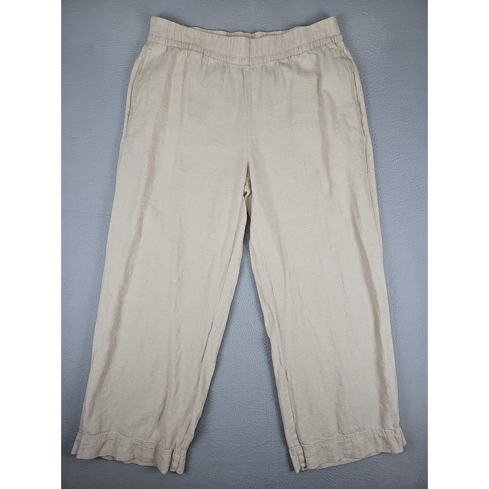 Old Navy High Rise Flax Linen Wide Leg Pants Large Tan Comfort Waistband Beach